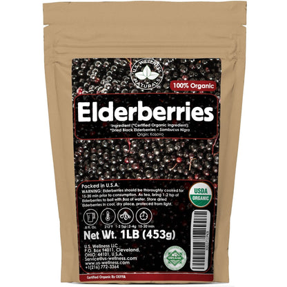U.S. Wellness Naturals Holunderbeeren – 1lb (echte Wildsammlung) | 100% USDA zertifiziert bio | Getrocknete schwarze Holunderbeeren in Bulk | Für Holundersirup, Gummibärchen, Tee – Roh, vegan, Sambucus Nigra