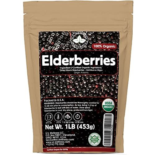 U.S. Wellness Naturals Holunderbeeren – 1lb (echte Wildsammlung) | 100% USDA zertifiziert bio | Getrocknete schwarze Holunderbeeren in Bulk | Für Holundersirup, Gummibärchen, Tee – Roh, vegan, Sambucus Nigra