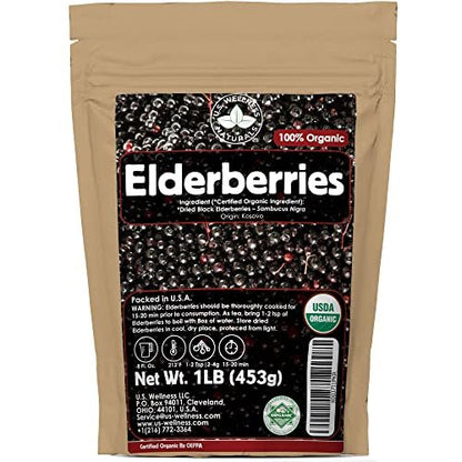 U.S. Wellness Naturals Holunderbeeren – 1lb (echte Wildsammlung) | 100% USDA zertifiziert bio | Getrocknete schwarze Holunderbeeren in Bulk | Für Holundersirup, Gummibärchen, Tee – Roh, vegan, Sambucus Nigra