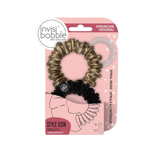 invisibobble Sprunchie Slim Spiral Haarring - True Black und True Golden - 2er-Pack - Scrunchie Stylisches Armband, Starker Elastischer Griff Haarzubehör für Frauen - Sanft für Mädchen, Teenager und Dickes Haar