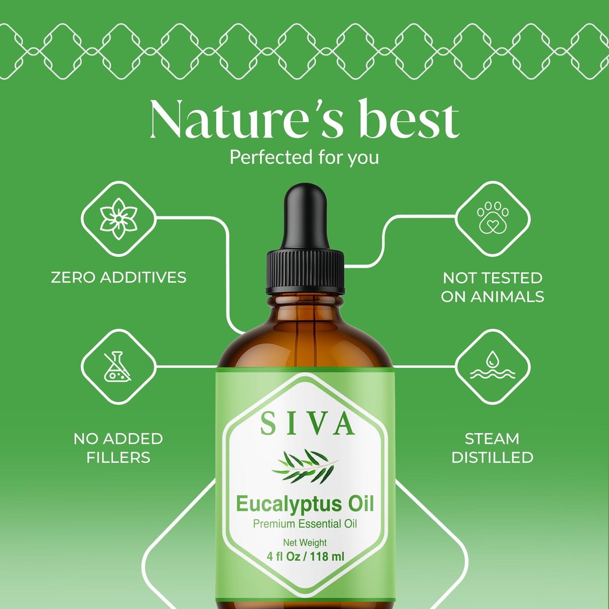 Siva Eukalyptusöl – 4 Fl Oz – 100% natürliches Eukalyptusöl für Diffuser, Gesicht, Hautpflege, Aromatherapie, Haarpflege, Kopfhaut und Körpermassage – mit Pipette