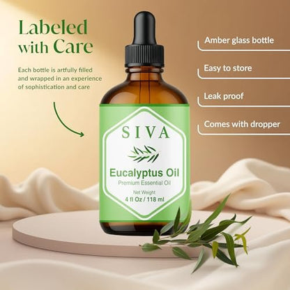 Siva Eukalyptusöl – 4 Fl Oz – 100% natürliches Eukalyptusöl für Diffuser, Gesicht, Hautpflege, Aromatherapie, Haarpflege, Kopfhaut und Körpermassage – mit Pipette