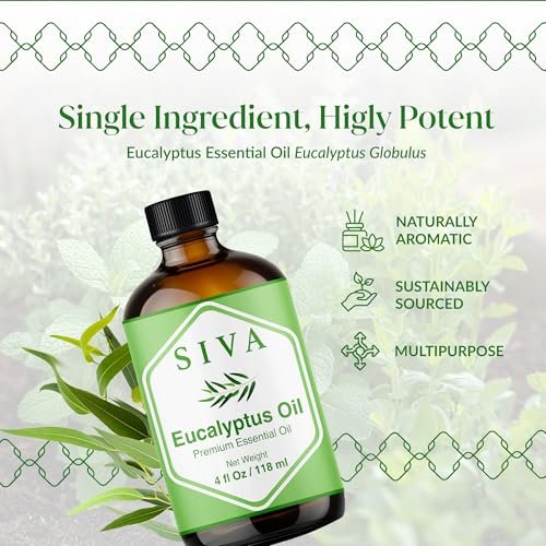 Siva Eukalyptusöl – 4 Fl Oz – 100% natürliches Eukalyptusöl für Diffuser, Gesicht, Hautpflege, Aromatherapie, Haarpflege, Kopfhaut und Körpermassage – mit Pipette