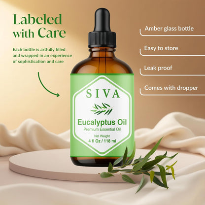 Siva Eukalyptusöl – 4 Fl Oz – 100% natürliches Eukalyptusöl für Diffuser, Gesicht, Hautpflege, Aromatherapie, Haarpflege, Kopfhaut und Körpermassage – mit Pipette