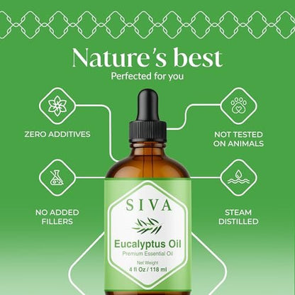 Siva Eukalyptusöl – 4 Fl Oz – 100% natürliches Eukalyptusöl für Diffuser, Gesicht, Hautpflege, Aromatherapie, Haarpflege, Kopfhaut und Körpermassage – mit Pipette
