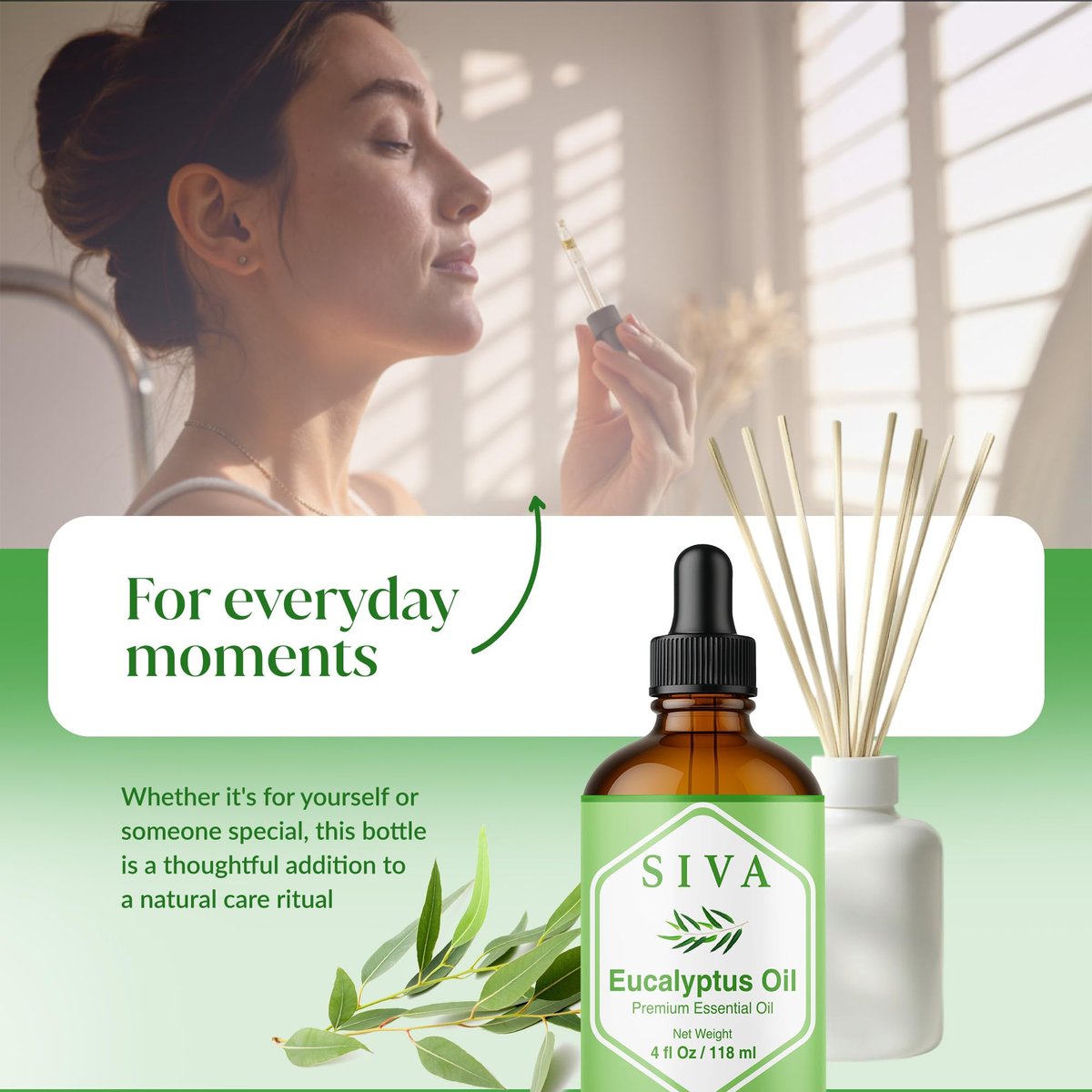 Siva Eukalyptusöl – 4 Fl Oz – 100% natürliches Eukalyptusöl für Diffuser, Gesicht, Hautpflege, Aromatherapie, Haarpflege, Kopfhaut und Körpermassage – mit Pipette