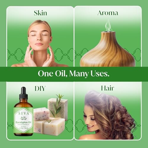 Siva Eukalyptusöl – 4 Fl Oz – 100% natürliches Eukalyptusöl für Diffuser, Gesicht, Hautpflege, Aromatherapie, Haarpflege, Kopfhaut und Körpermassage – mit Pipette
