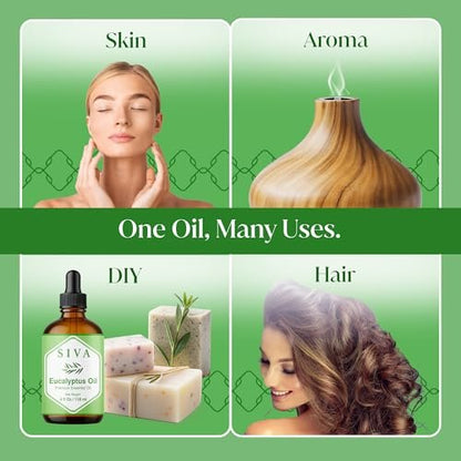 Siva Eukalyptusöl – 4 Fl Oz – 100% natürliches Eukalyptusöl für Diffuser, Gesicht, Hautpflege, Aromatherapie, Haarpflege, Kopfhaut und Körpermassage – mit Pipette