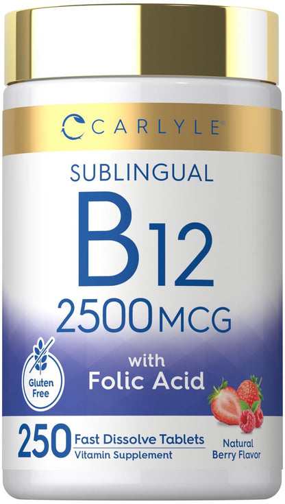 Carlyle Vitamin B12 Sublingual 2500 mcg | 250 Lutschtabletten | Cyanocobalamin mit Folsäure für Erwachsene | Natürlicher Beerengeschmack | Vegetarisch, Non-GMO, Glutenfrei