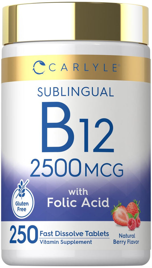 Carlyle Vitamin B12 Sublingual 2500 mcg | 250 Lutschtabletten | Cyanocobalamin mit Folsäure für Erwachsene | Natürlicher Beerengeschmack | Vegetarisch, Non-GMO, Glutenfrei