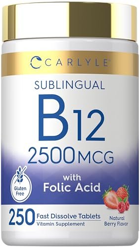 Carlyle Vitamin B12 Sublingual 2500 mcg | 250 Lutschtabletten | Cyanocobalamin mit Folsäure für Erwachsene | Natürlicher Beerengeschmack | Vegetarisch, Non-GMO, Glutenfrei