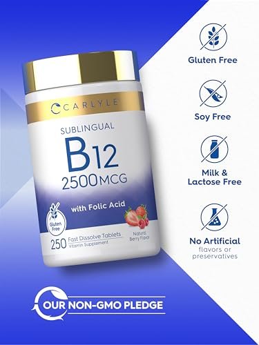 Carlyle Vitamin B12 Sublingual 2500 mcg | 250 Lutschtabletten | Cyanocobalamin mit Folsäure für Erwachsene | Natürlicher Beerengeschmack | Vegetarisch, Non-GMO, Glutenfrei