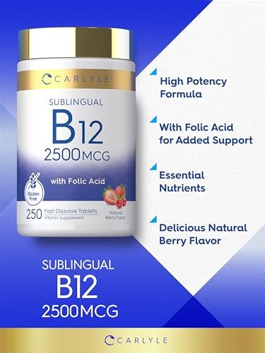 Carlyle Vitamin B12 Sublingual 2500 mcg | 250 Lutschtabletten | Cyanocobalamin mit Folsäure für Erwachsene | Natürlicher Beerengeschmack | Vegetarisch, Non-GMO, Glutenfrei