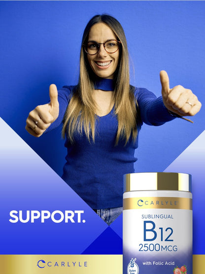 Carlyle Vitamin B12 Sublingual 2500 mcg | 250 Lutschtabletten | Cyanocobalamin mit Folsäure für Erwachsene | Natürlicher Beerengeschmack | Vegetarisch, Non-GMO, Glutenfrei