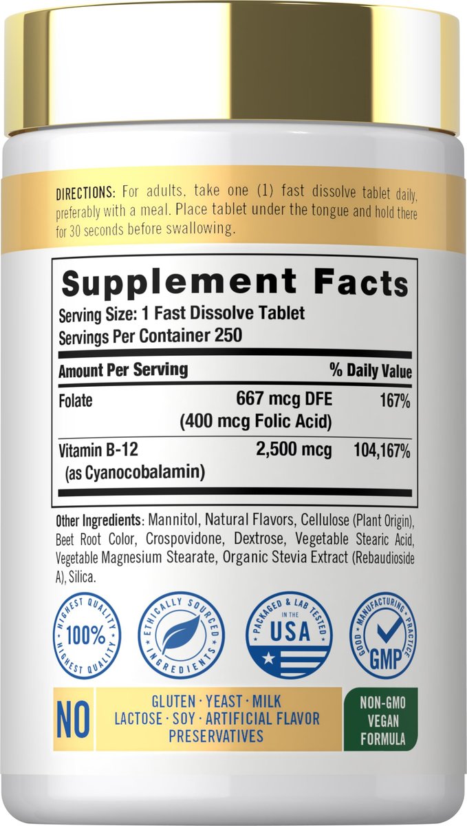 Carlyle Vitamin B12 Sublingual 2500 mcg | 250 Lutschtabletten | Cyanocobalamin mit Folsäure für Erwachsene | Natürlicher Beerengeschmack | Vegetarisch, Non-GMO, Glutenfrei