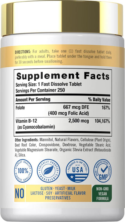 Carlyle Vitamin B12 Sublingual 2500 mcg | 250 Lutschtabletten | Cyanocobalamin mit Folsäure für Erwachsene | Natürlicher Beerengeschmack | Vegetarisch, Non-GMO, Glutenfrei