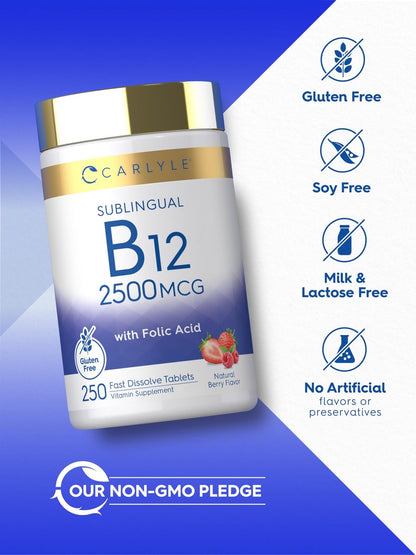 Carlyle Vitamin B12 Sublingual 2500 mcg | 250 Lutschtabletten | Cyanocobalamin mit Folsäure für Erwachsene | Natürlicher Beerengeschmack | Vegetarisch, Non-GMO, Glutenfrei