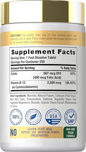 Carlyle Vitamin B12 Sublingual 2500 mcg | 250 Lutschtabletten | Cyanocobalamin mit Folsäure für Erwachsene | Natürlicher Beerengeschmack | Vegetarisch, Non-GMO, Glutenfrei