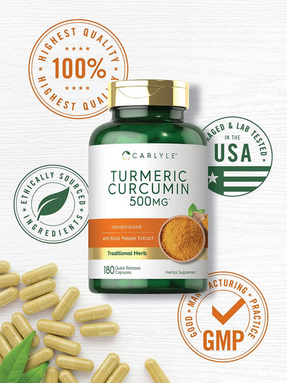 Carlyle Kurkuma Curcumin Komplex | 180 Kapseln | mit Schwarzem Pfeffer Extrakt | Non-GMO & Glutenfrei