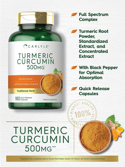 Carlyle Kurkuma Curcumin Komplex | 180 Kapseln | mit Schwarzem Pfeffer Extrakt | Non-GMO & Glutenfrei
