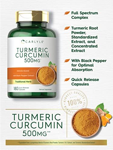 Carlyle Kurkuma Curcumin Komplex | 180 Kapseln | mit Schwarzem Pfeffer Extrakt | Non-GMO & Glutenfrei