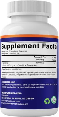 Vitamatic L-Carnitin Fumarat 1000 mg – 120 vegane Kapseln (1 Flasche)