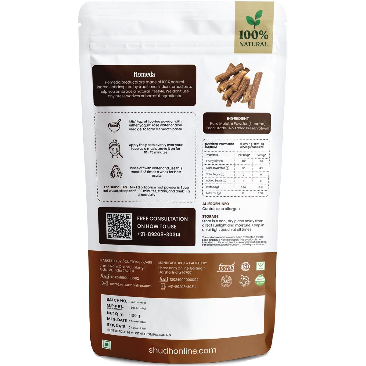 Homeda Bio Süßholzwurzelpulver (100g) - Mulethi Pulver für Gesicht, reines Lakritzpulver, getrocknete Süßholzwurzel, Kräuterergänzung