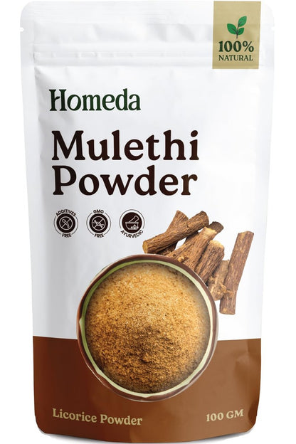 Homeda Bio Süßholzwurzelpulver (100g) - Mulethi Pulver für Gesicht, reines Lakritzpulver, getrocknete Süßholzwurzel, Kräuterergänzung