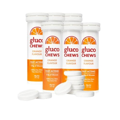Glucochews Orange Glucose Tabletten – 60 Tabletten (6 Taschenröhrchen à 10 Stück) – 3,8 g schnell wirkende Glucose – Energieschub & Blutzuckerunterstützung – Glutenfrei, fettfrei, koffeinfrei