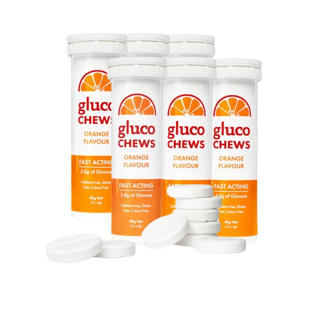 Glucochews Orange Glucose Tabletten – 60 Tabletten (6 Taschenröhrchen à 10 Stück) – 3,8 g schnell wirkende Glucose – Energieschub & Blutzuckerunterstützung – Glutenfrei, fettfrei, koffeinfrei