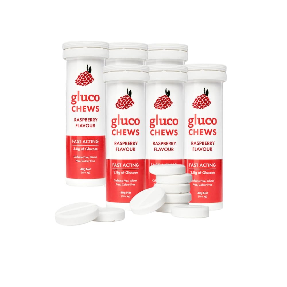 Glucology Glucochews Himbeer – Schnell wirkende Glucose Tabletten, 60 Stück (10 Tabletten pro Tube, 6 Taschenröhrchen), Energieschub, Unterstützt den Blutzucker, Glutenfrei, Koffeinfrei, Farbstofffrei