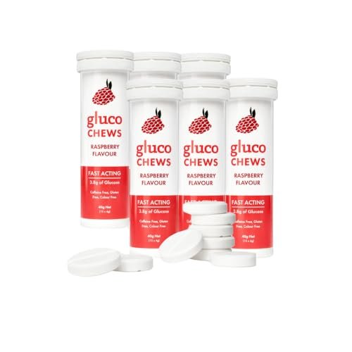 Glucology Glucochews Himbeer – Schnell wirkende Glucose Tabletten, 60 Stück (10 Tabletten pro Tube, 6 Taschenröhrchen), Energieschub, Unterstützt den Blutzucker, Glutenfrei, Koffeinfrei, Farbstofffrei