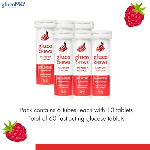 Glucology Glucochews Himbeer – Schnell wirkende Glucose Tabletten, 60 Stück (10 Tabletten pro Tube, 6 Taschenröhrchen), Energieschub, Unterstützt den Blutzucker, Glutenfrei, Koffeinfrei, Farbstofffrei