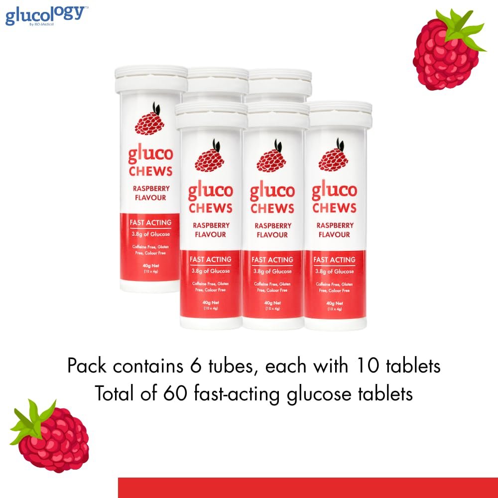 Glucology Glucochews Himbeer – Schnell wirkende Glucose Tabletten, 60 Stück (10 Tabletten pro Tube, 6 Taschenröhrchen), Energieschub, Unterstützt den Blutzucker, Glutenfrei, Koffeinfrei, Farbstofffrei
