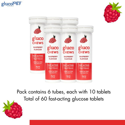 Glucology Glucochews Himbeer – Schnell wirkende Glucose Tabletten, 60 Stück (10 Tabletten pro Tube, 6 Taschenröhrchen), Energieschub, Unterstützt den Blutzucker, Glutenfrei, Koffeinfrei, Farbstofffrei