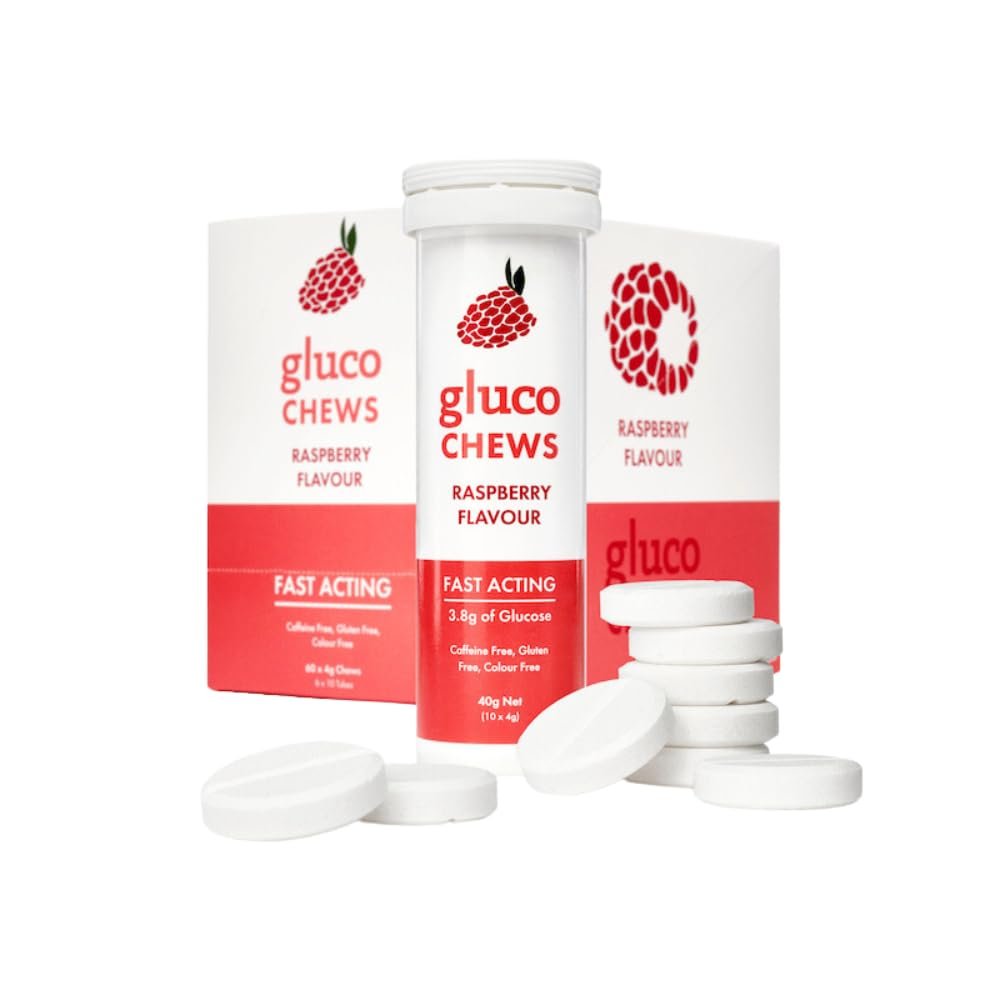Glucology Glucochews Himbeer – Schnell wirkende Glucose Tabletten, 60 Stück (10 Tabletten pro Tube, 6 Taschenröhrchen), Energieschub, Unterstützt den Blutzucker, Glutenfrei, Koffeinfrei, Farbstofffrei