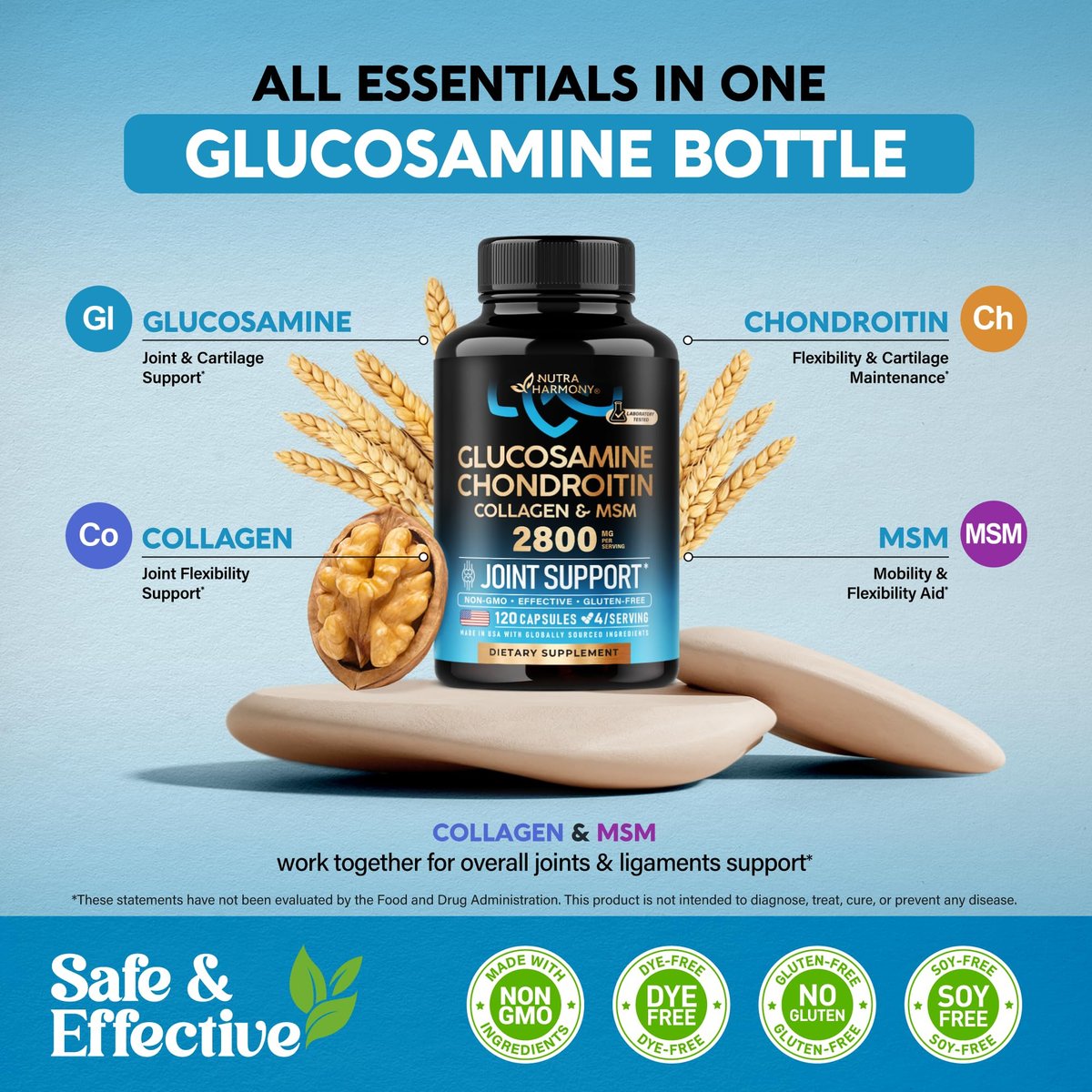 Glucosamin Chondroitin MSM Kollagen | Gelenk- & Knorpelunterstützung 2800 mg | Laborgetestet | Für Männer & Frauen | 120 Kapseln