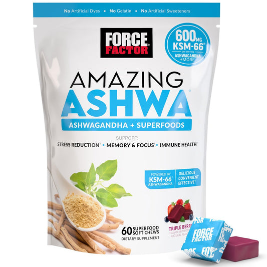 Force Factor Amazing Ashwa – Ashwagandha KSM-66 für Stressabbau, Gedächtnis, Fokus und Immunsystem – 60 Soft Chews, Triple Berry