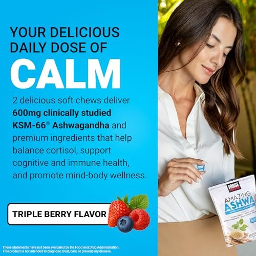 Force Factor Amazing Ashwa – Ashwagandha KSM-66 für Stressabbau, Gedächtnis, Fokus und Immunsystem – 60 Soft Chews, Triple Berry