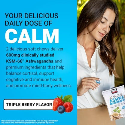 Force Factor Amazing Ashwa – Ashwagandha KSM-66 für Stressabbau, Gedächtnis, Fokus und Immunsystem – 60 Soft Chews, Triple Berry