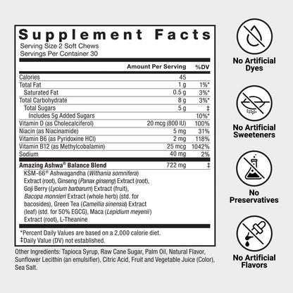 Force Factor Amazing Ashwa – Ashwagandha KSM-66 für Stressabbau, Gedächtnis, Fokus und Immunsystem – 60 Soft Chews, Triple Berry