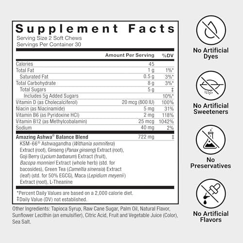Force Factor Amazing Ashwa – Ashwagandha KSM-66 für Stressabbau, Gedächtnis, Fokus und Immunsystem – 60 Soft Chews, Triple Berry