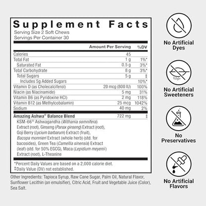 Force Factor Amazing Ashwa – Ashwagandha KSM-66 für Stressabbau, Gedächtnis, Fokus und Immunsystem – 60 Soft Chews, Triple Berry