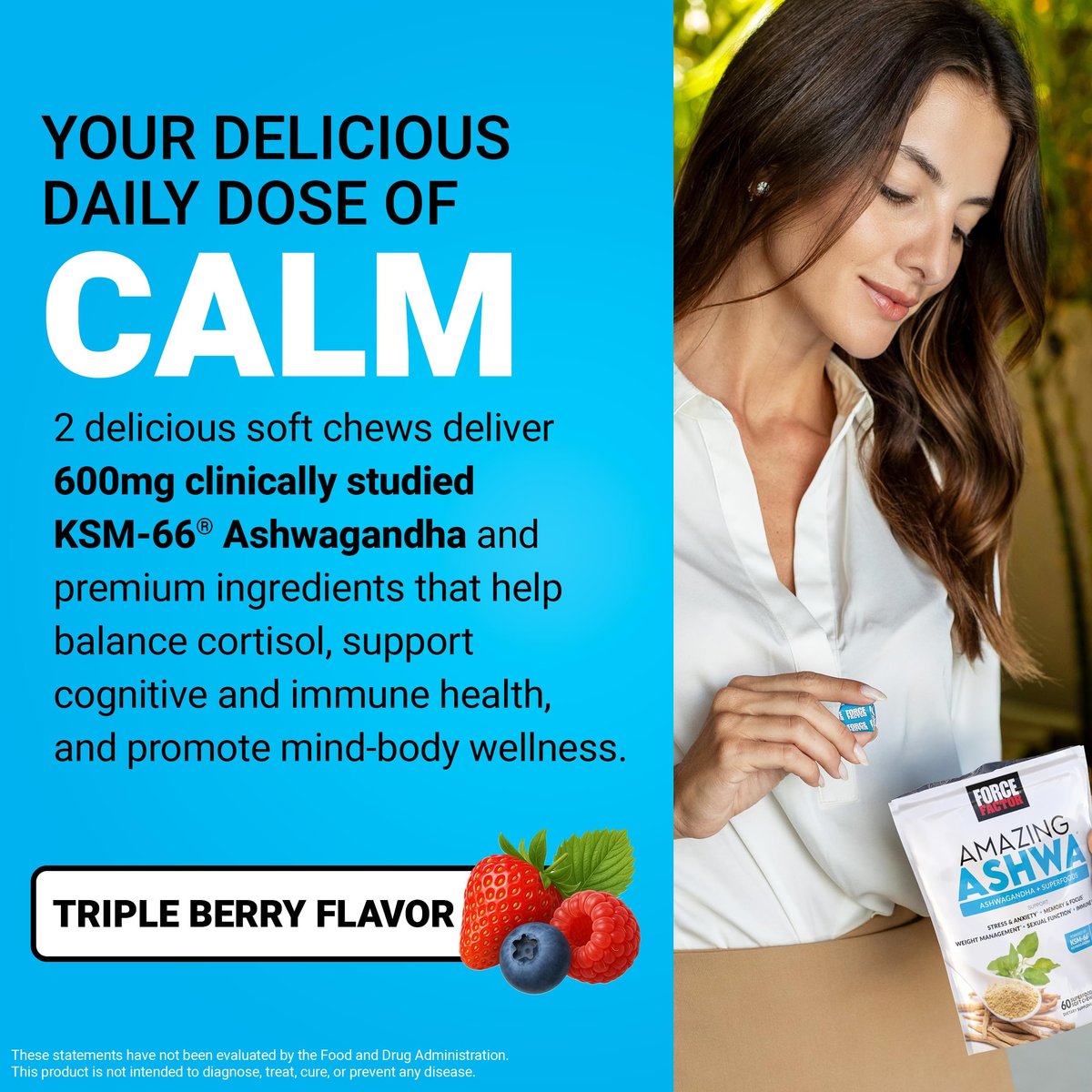 Force Factor Amazing Ashwa – Ashwagandha KSM-66 für Stressabbau, Gedächtnis, Fokus und Immunsystem – 60 Soft Chews, Triple Berry