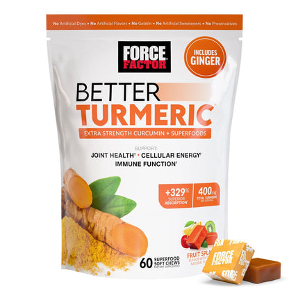 Force Factor Better Turmeric 400 mg mit schwarzem Pfeffer & Ingwer, Extra starke Gelenkunterstützung, überlegene Absorption, wie Kurkuma-Gummis, Fruchtsplash, 60 Kurkuma-Kaustabletten