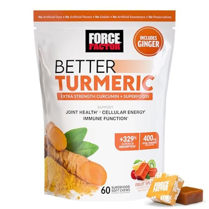 Force Factor Better Turmeric 400 mg mit schwarzem Pfeffer & Ingwer, Extra starke Gelenkunterstützung, überlegene Absorption, wie Kurkuma-Gummis, Fruchtsplash, 60 Kurkuma-Kaustabletten