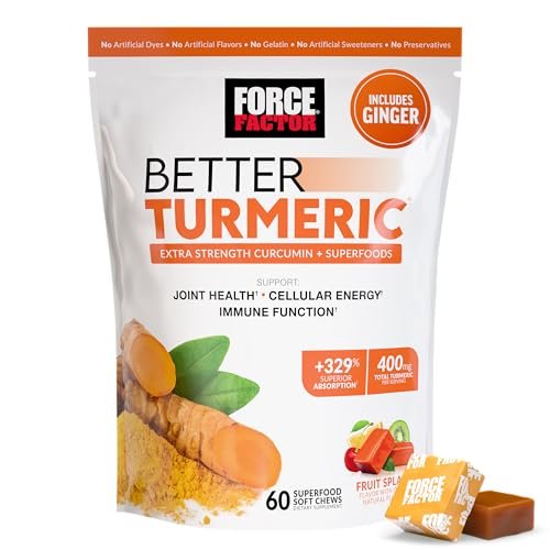 Force Factor Better Turmeric 400 mg mit schwarzem Pfeffer & Ingwer, Extra starke Gelenkunterstützung, überlegene Absorption, wie Kurkuma-Gummis, Fruchtsplash, 60 Kurkuma-Kaustabletten