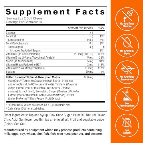 Force Factor Better Turmeric 400 mg mit schwarzem Pfeffer & Ingwer, Extra starke Gelenkunterstützung, überlegene Absorption, wie Kurkuma-Gummis, Fruchtsplash, 60 Kurkuma-Kaustabletten