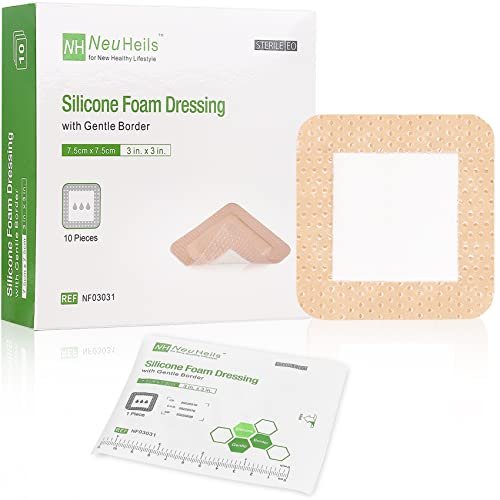 NeuHeils Silikonhaftender Schaumverband mit sanftem Rand 3''x3'' für Dekubitus, 10 Stück, saugfähiger wasserdichter Silikon-Wundverband für Fußdiabetische Ulzera
