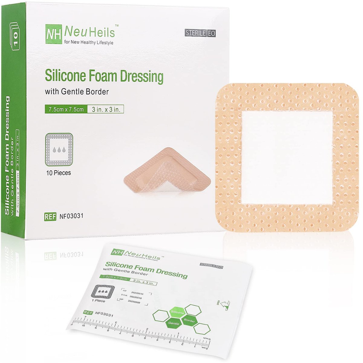 NeuHeils Silikonhaftender Schaumverband mit sanftem Rand 3''x3'' für Dekubitus, 10 Stück, saugfähiger wasserdichter Silikon-Wundverband für Fußdiabetische Ulzera